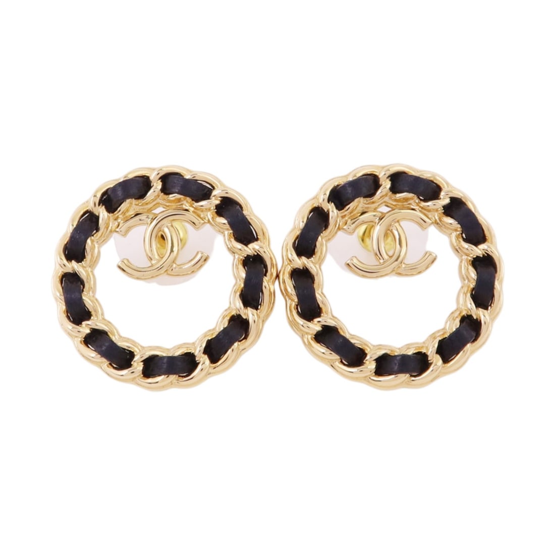 Chanel CC Pierced Earrings Leather and Gold Tone Metal Black (1 of 11)