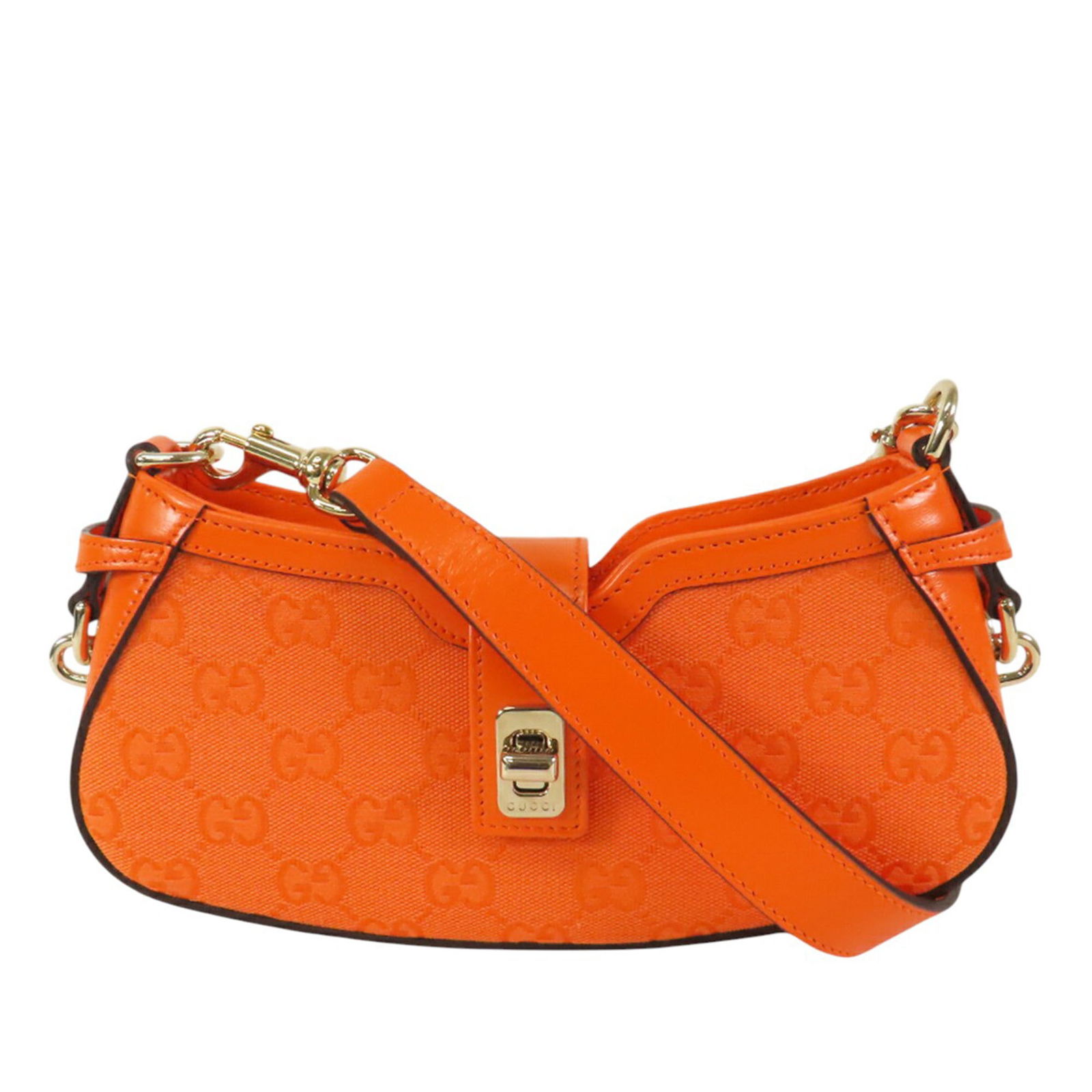 Mini GG Canvas Moon Side Bag by Gucci with Detachable Leather Strap: Mini GG Canvas Moon Side Bag by Gucci with Detachable Leather Strap This Gucci Mini GG Canvas Moon Side Shoulder Bag features an orange canvas body with signature GG detailing, a detachable flat leath