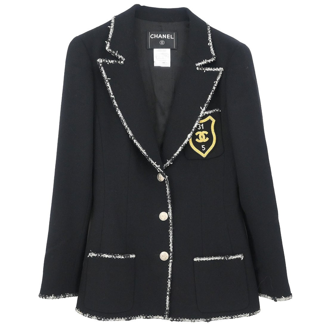Black Wool Single Breasted Jacket Chanel Logo Accent Size 38: Black Wool Single Breasted Jacket Chanel Logo Accent Size 38 This Chanel single breasted jacket features a classic black color and is crafted from 100% wool. Designed with a mid-length cut and long sl
