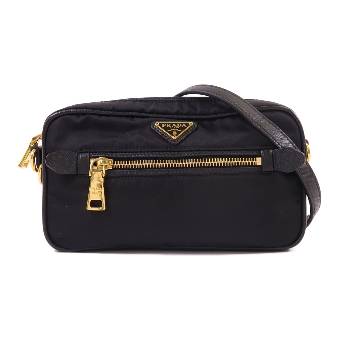 Prada Black Nylon Shoulder Bag with Gold Tone Hardware: Prada Black Nylon Shoulder Bag with Gold Tone Hardware This Prada shoulder bag features a sleek black nylon exterior, offering both style and durability. Crafted in Italy, it is designed in a regular