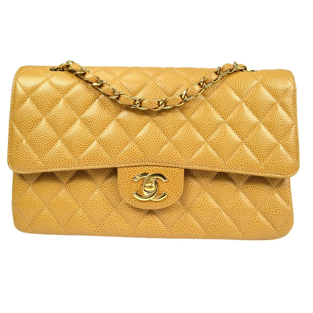 Chanel Beige Caviar Classic Double Flap Shoulder Bag: Chanel Beige Caviar Classic Double Flap Shoulder Bag Elevate your style with this Chanel Beige Calfskin Medium Classic Double Flap Shoulder Bag. Crafted from luxurious caviar skin leather, this medium