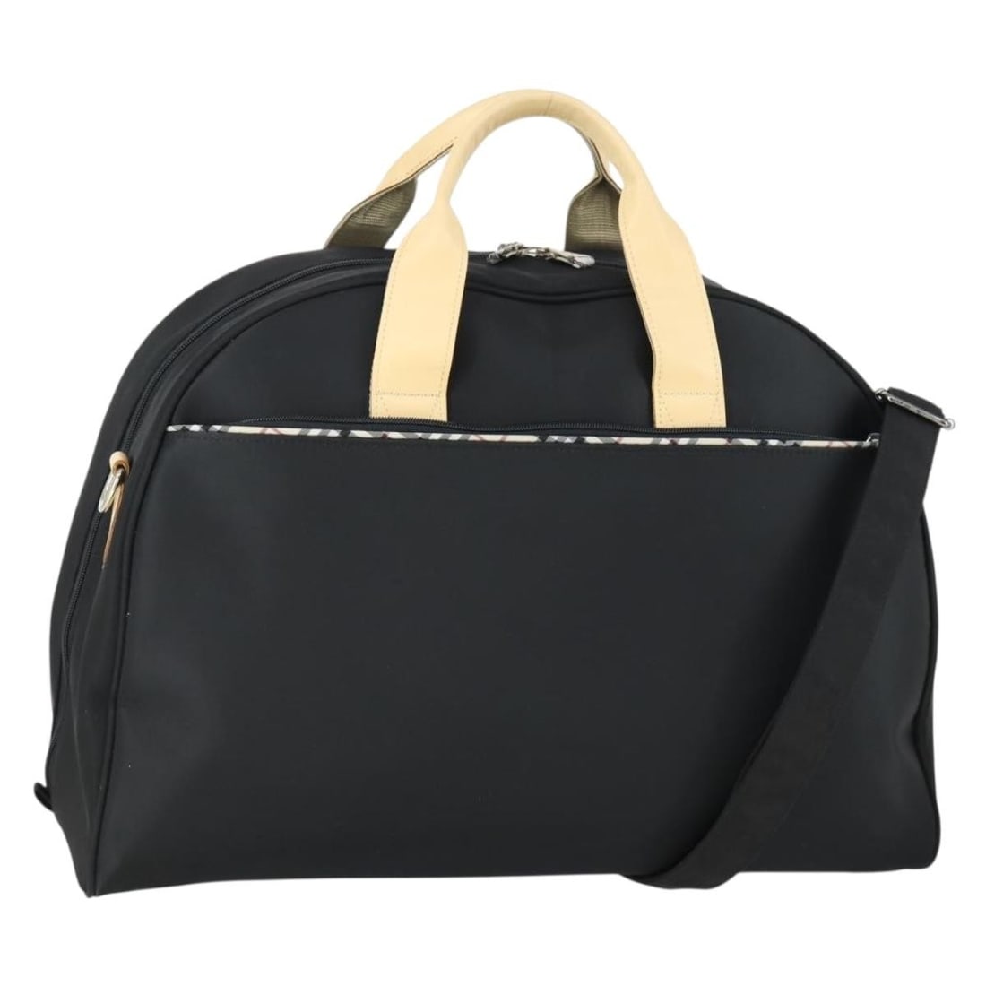 Dark Brown Nylon Boston Bag by Burberry with Silver Accents: Dark Brown Nylon Boston Bag by Burberry with Silver Accents This Burberry Boston Bag features a dark brown nylon exterior with silver-tone accents. It offers a spacious interior and is designed with b