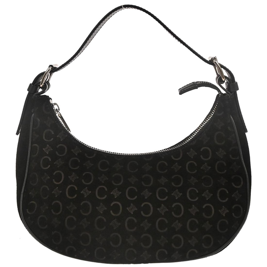 Celine Macadam Small Black Suede Top Handle Bag CE00/23: Celine Macadam Small Black Suede Top Handle Bag CE00/23 This Celine Macadam handbag features a black suede leather exterior with the iconic Macadam pattern and logo accents. Designed in a small size,