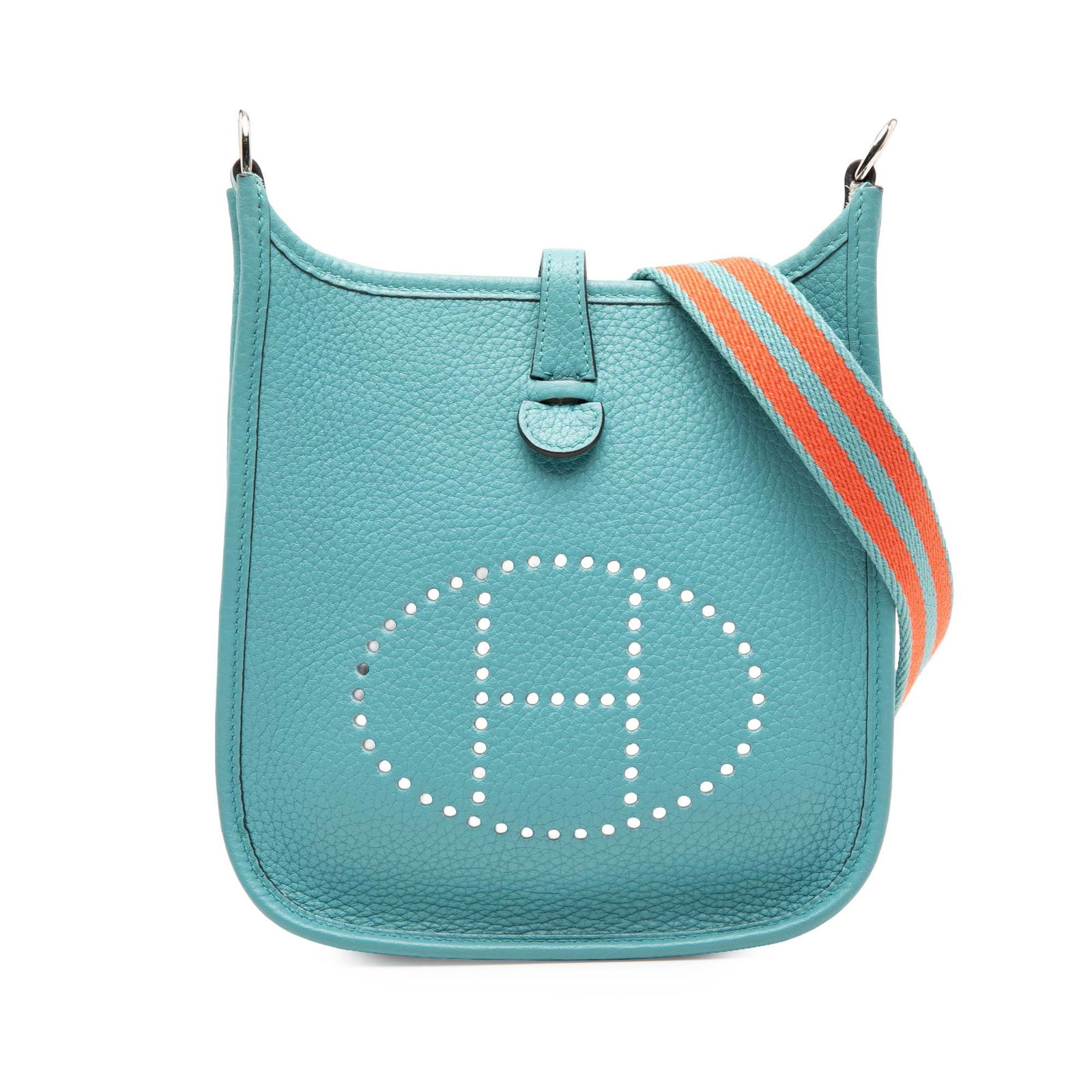 Blue Clemence Leather Evelyne Amazone TPM Bag with Detachable Strap by Hermes: Blue Clemence Leather Evelyne Amazone TPM Bag with Detachable Strap by Hermes The Hermes Clemence Evelyne Amazone TPM features a Clemence leather body in Saint Cyr blue, a detachable flat shoulder str
