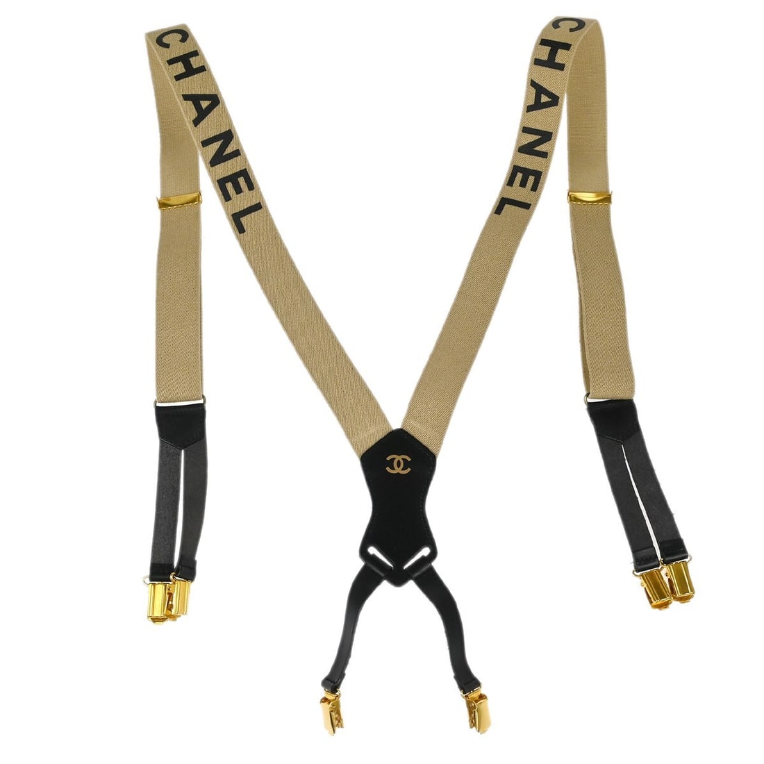 Chanel Beige Leather Suspenders Stylish Metal Theme: Chanel Beige Leather Suspenders Stylish Metal Theme Elevate your outfit with these chic Chanel suspenders. Crafted from high-quality leather, these suspenders feature a stylish beige color that comple