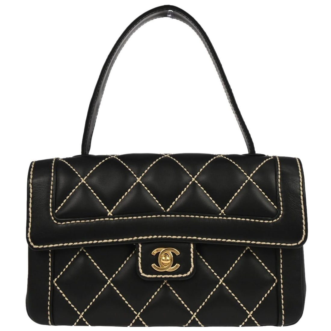 Black Calfskin Leather Wild Stitch Medium Handbag by Chanel: Black Calfskin Leather Wild Stitch Medium Handbag by Chanel This Chanel Wild Stitch handbag features black calfskin leather with signature logo accents and a turn lock closure. Designed in a medium si