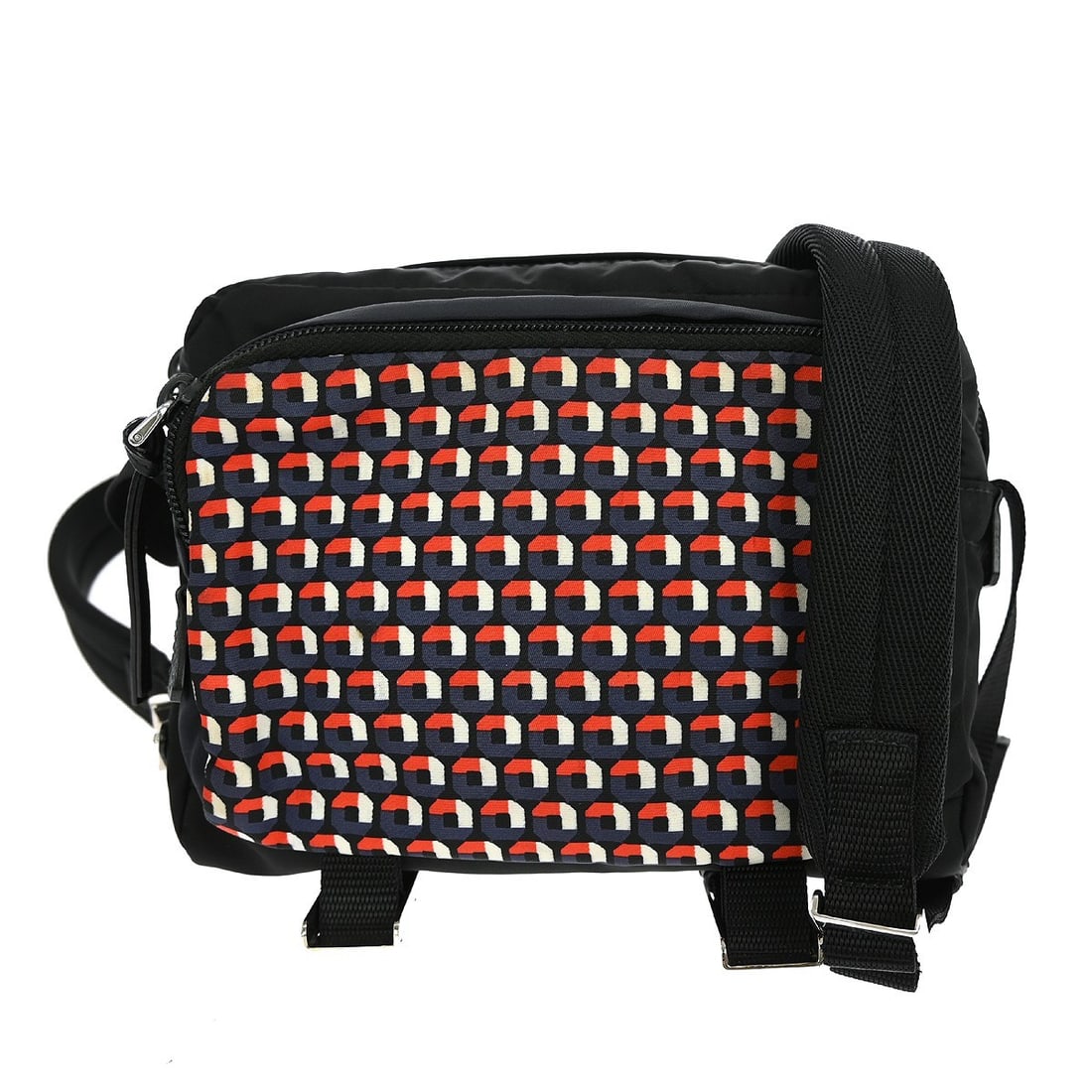 Prada Small Black Nylon Crossbody Bag With Logo Accents: Prada Small Black Nylon Crossbody Bag With Logo Accents This Prada black nylon crossbody bag features a compact design with a zip closure and logo accents. Crafted from durable nylon with a matching n