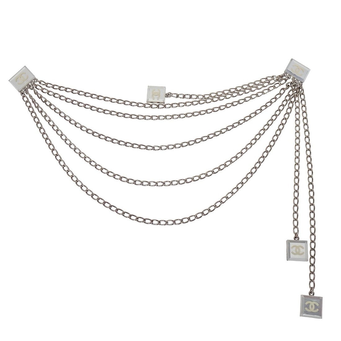 Silver Plated Brooch with Chain Charms by Chanel 03C: Silver Plated Brooch with Chain Charms by Chanel 03C This Chanel brooch features a silver plated chain design with charm accents and a clip closure. Made in France, it is presented in very good condit