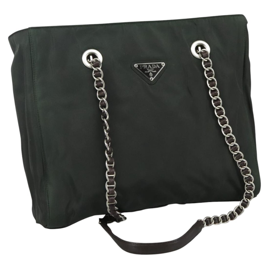Khaki Nylon Prada Tote with Chain Strap Vintage Style 30cm by 25cm by 8cm: Khaki Nylon Prada Tote with Chain Strap Vintage Style 30cm by 25cm by 8cm This Prada Vintage Chain Tote for women features a khaki nylon exterior with metal fittings. The bag measures 30cm x 25cm x 8c