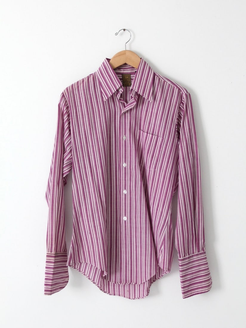 1960s Jandy Place Button-Down Shirt Purple Striped French Cuffs: 1960s Jandy Place Button-Down Shirt Purple Striped French Cuffs This vintage 1960s Jandy Place button-down shirt by Barton Inc. showcases a stylish purple and white striped pattern, perfect for adding