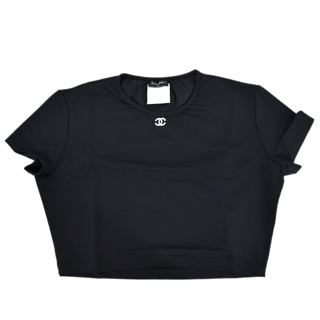Chanel Black Cropped T-Shirt Size 44 Short Sleeve: Chanel Black Cropped T-Shirt Size 44 Short Sleeve Elevate your casual wardrobe with this chic cropped T-shirt from Chanel. Crafted in France, this stylish black tee features a classic round neckline a