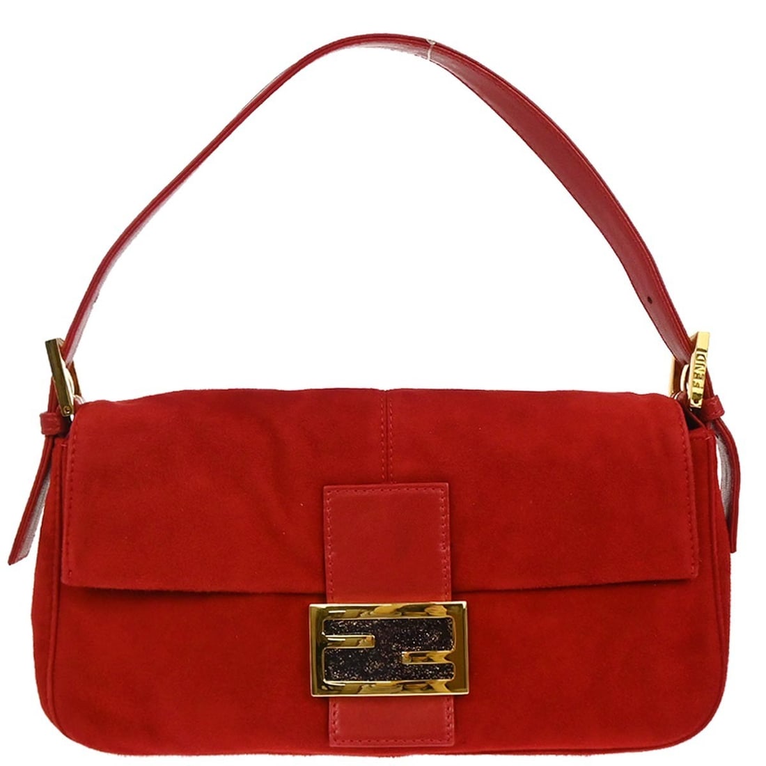 Red Suede Fendi Baguette Shoulder Bag with Adjustable Strap: Red Suede Fendi Baguette Shoulder Bag with Adjustable Strap This Fendi Baguette handbag features a striking red suede exterior with gold-tone hardware and signature logo accents. Designed for casual o