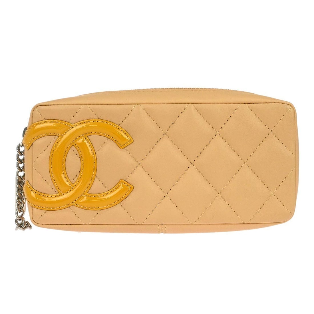 Beige Calfskin Cambon Ligne Mini Pouch by Chanel with Zip Closure: Beige Calfskin Cambon Ligne Mini Pouch by Chanel with Zip Closure This Chanel Cambon Ligne pouch bag is crafted from beige calfskin leather and features a matelasse pattern. Designed in a mini size, i