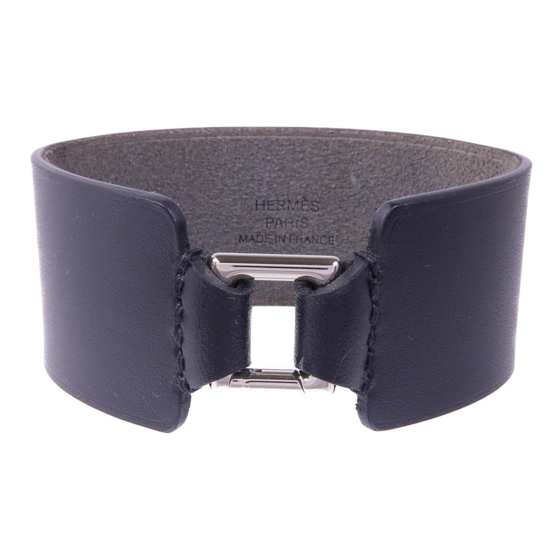 HERMES Black Calfskin Leather Bracelet with PHW: HERMES Black Calfskin Leather Bracelet with PHW This exquisite HERMES bracelet is crafted from high-quality calfskin leather, showcasing a sleek black finish that epitomizes elegance and sophisticatio