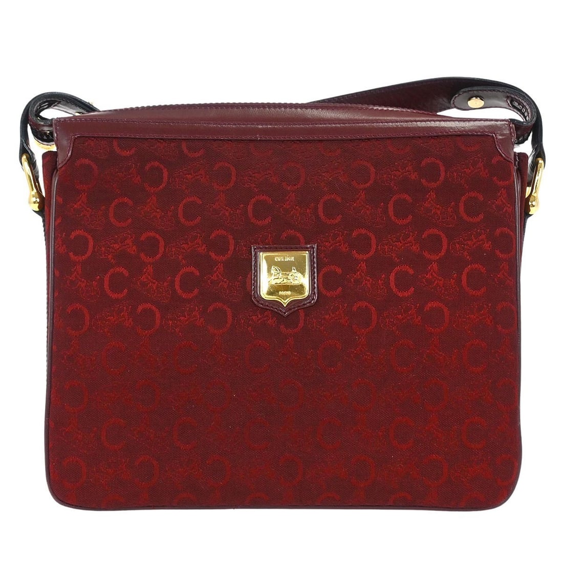 CELINE Bordeaux Macadam Shoulder Bag Canvas Leather Italy: CELINE Bordeaux Macadam Shoulder Bag Canvas Leather Italy Elevate your casual style with the Celine Bordeaux C Macadam Shoulder Bag. This medium-sized shoulder bag features a striking Macadam pattern