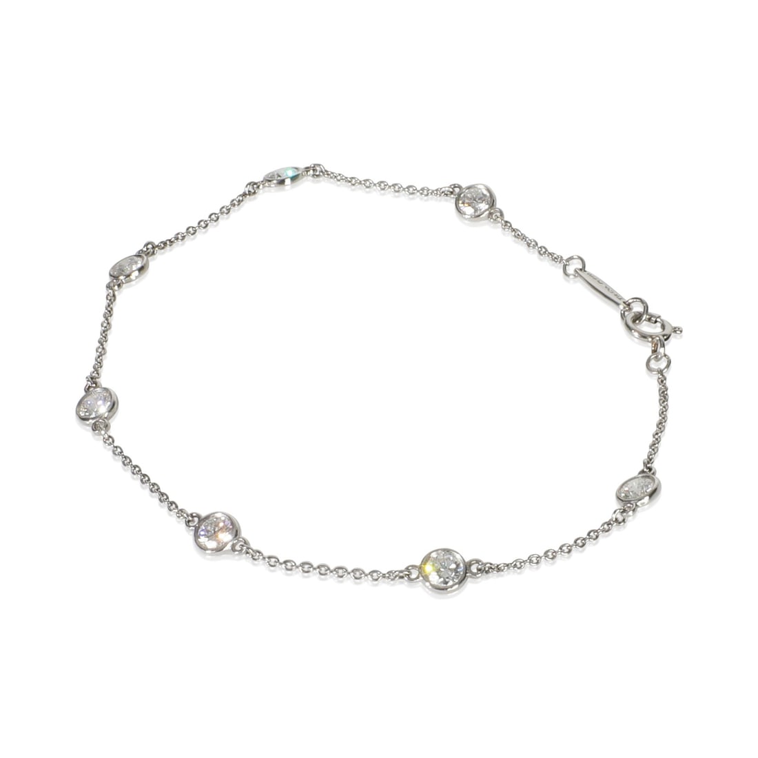Elsa Peretti Diamond By The Yard Platinum Bracelet with Tiffany Certificate: Elsa Peretti Diamond By The Yard Platinum Bracelet with Tiffany Certificate This pre-owned Tiffany & Co. Elsa Peretti Diamond By The Yard bracelet is crafted from platinum and features round brilliant