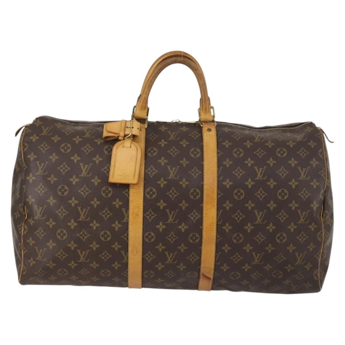 Monogram Canvas Louis Vuitton Keepall 55cm Travel Duffel: Monogram Canvas Louis Vuitton Keepall 55cm Travel Duffel This Louis Vuitton Keepall Bag features the iconic monogram canvas in brown, designed for unisex use. It measures 55cm x 27cm x 25cm, offering