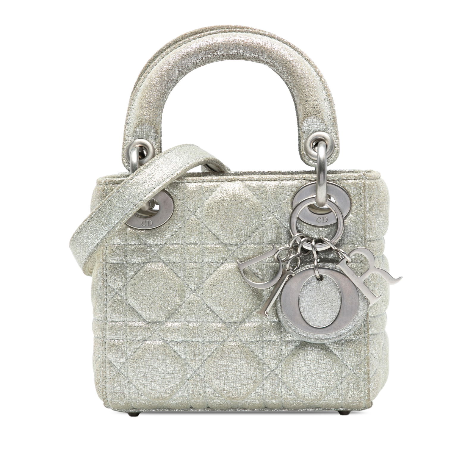 Dior Micro Metallic Calfskin Cannage Silver Handbag: Dior Micro Metallic Calfskin Cannage Silver Handbag Introducing the Micro Metallic Calfskin Cannage Lady Dior, a luxurious handbag that combines elegance with practicality. This exquisite piece showca