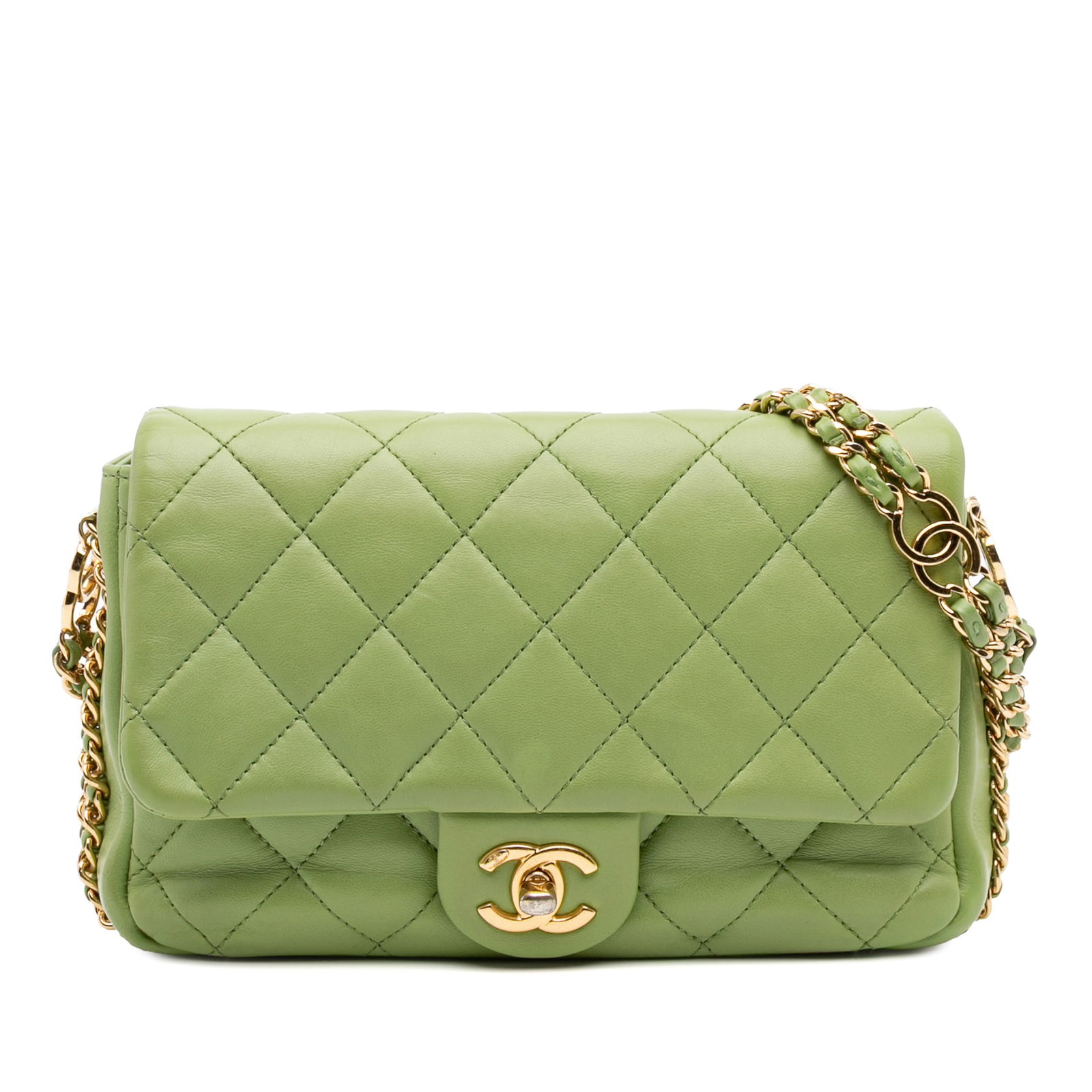 Chanel Green Quilted Lambskin Double CC Chain Flap Bag: Chanel Green Quilted Lambskin Double CC Chain Flap Bag Introducing the Chanel Quilted Lambskin Double CC Chain Around Flap, a stunning crossbody bag crafted from premium leather. This exquisite piece