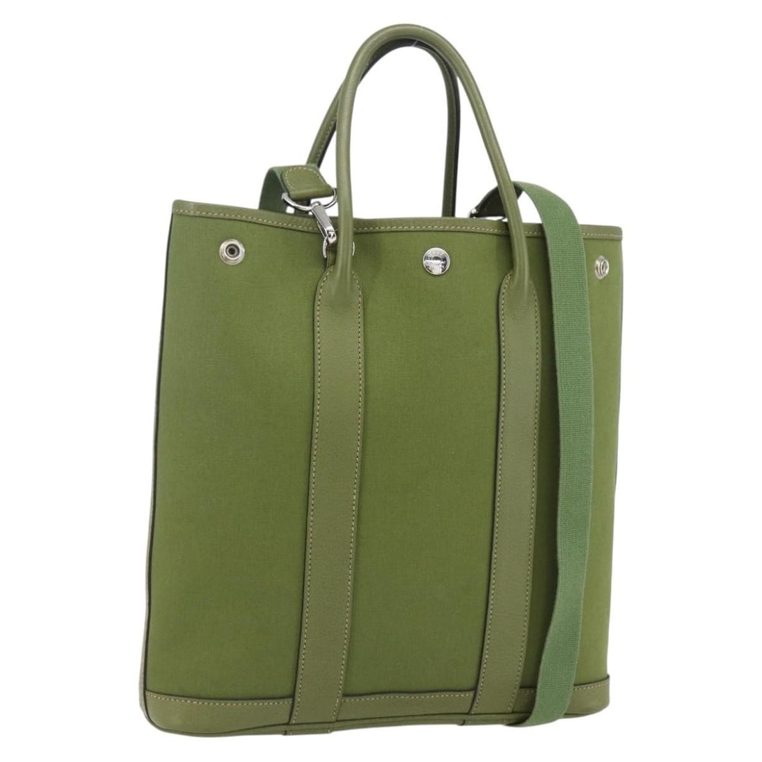 Hermes Garden File Canvas Green Handbag with Shoulder Strap and Dust Bag: Hermes Garden File Canvas Green Handbag with Shoulder Strap and Dust Bag This Hermes Garden File handbag is crafted in green canvas with silver-tone accents. It features both a top handle and a detach