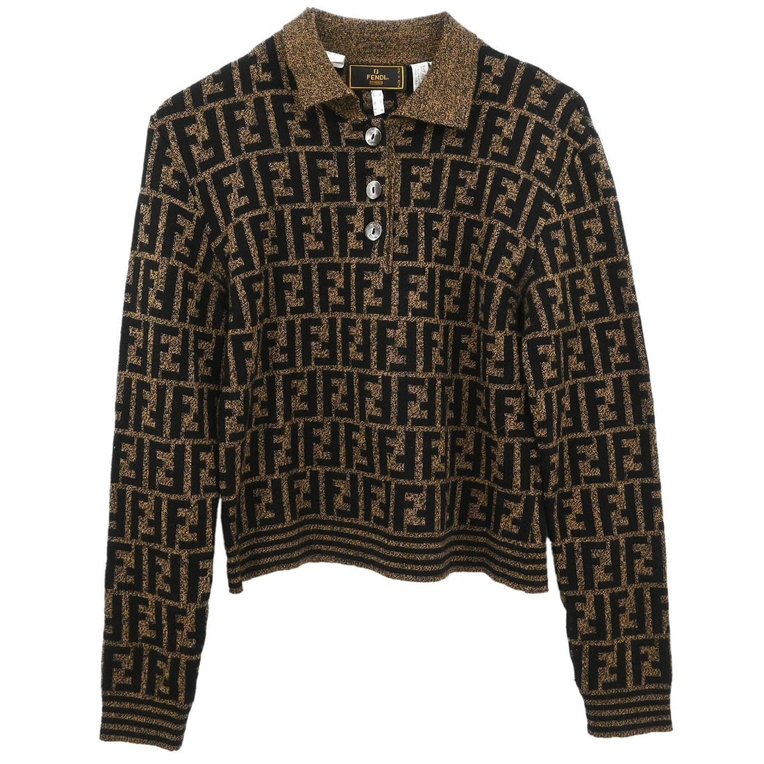 Fendi Brown Collared Long Sleeve Zucca Logo Sweater Size 42: Fendi Brown Collared Long Sleeve Zucca Logo Sweater Size 42 This Fendi sweater features the iconic Zucca pattern in a brown hue. Designed with a collared neckline and long sleeves, it offers a regular