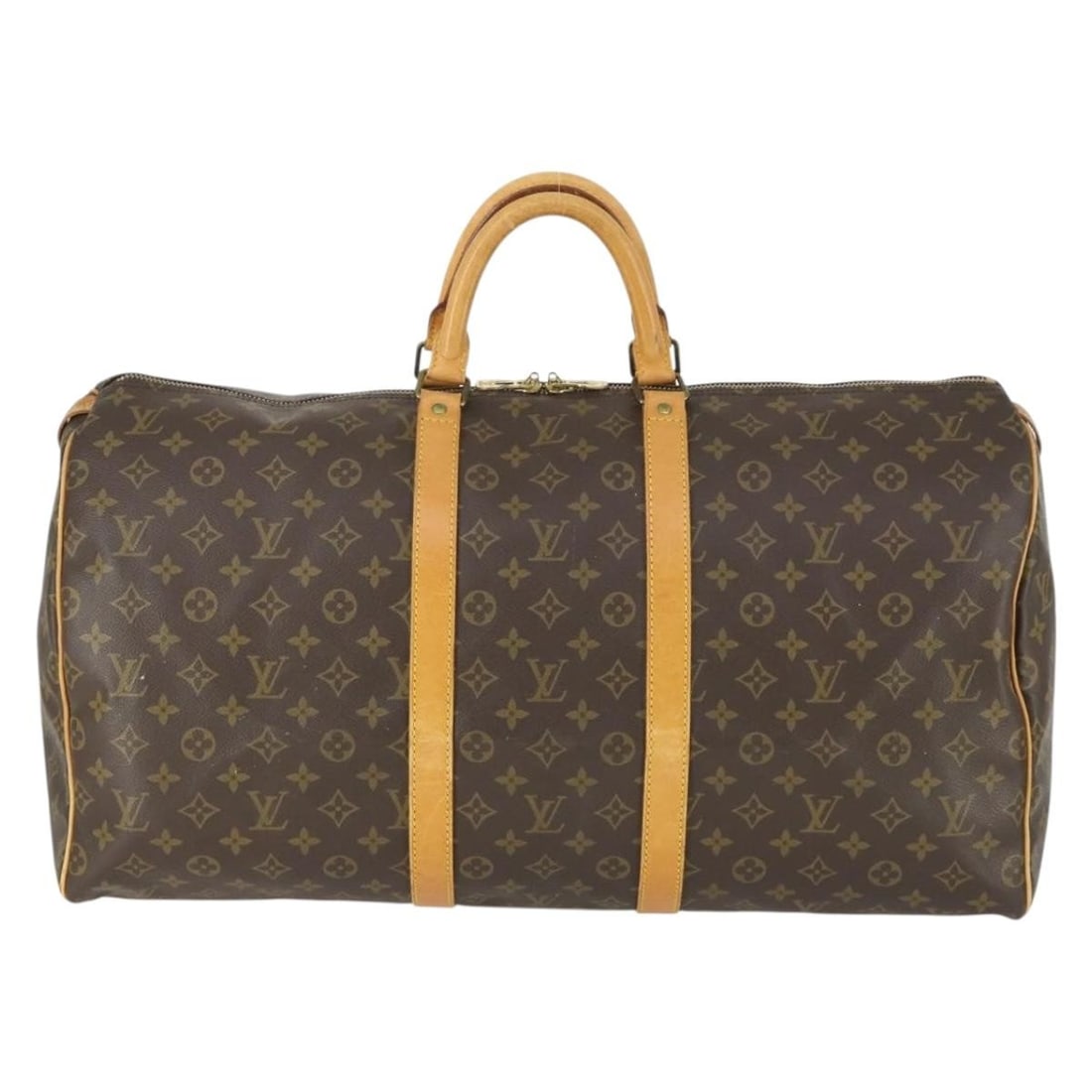 Keepall Travel Bag by Louis Vuitton in Monogram Canvas: Keepall Travel Bag by Louis Vuitton in Monogram Canvas This Louis Vuitton Keepall Bag features the iconic monogram canvas design in brown, crafted for unisex use. The bag shows signs of wear throughou