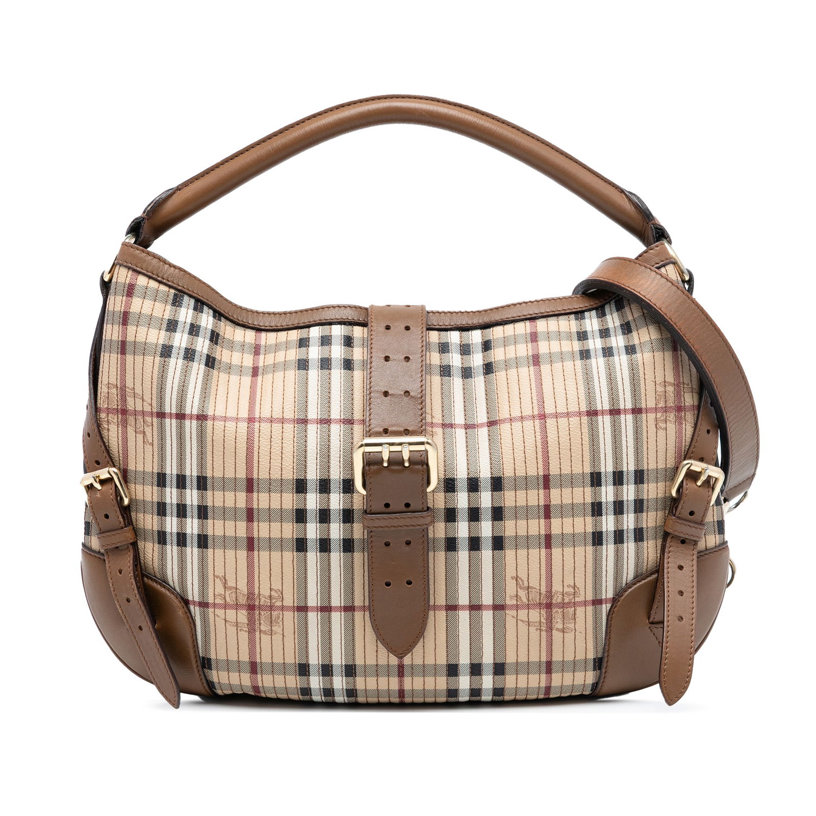 Haymarket Check Dunloe Satchel Bag by Burberry with Leather Trim: Haymarket Check Dunloe Satchel Bag by Burberry with Leather Trim This Burberry Haymarket Check Dunloe Satchel features a stitched coated canvas body with leather trim in a classic brown color. It incl