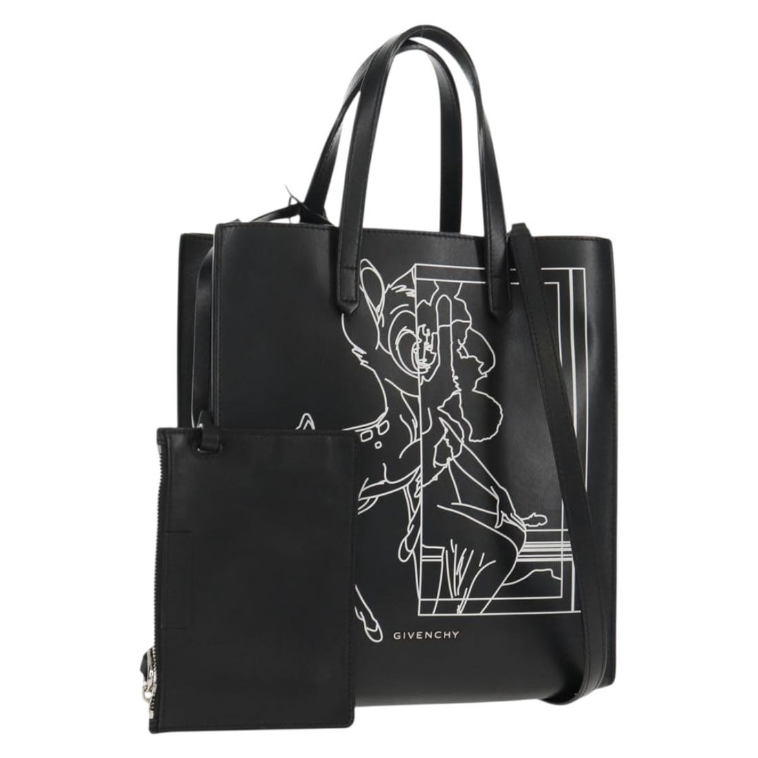 GIVENCHY Black Leather Hand Bag with Silver Accents BA9198V: GIVENCHY Black Leather Hand Bag with Silver Accents BA9198V This sophisticated GIVENCHY hand bag showcases a sleek design in luxurious black leather with silver accents. The bag is crafted in Romania,