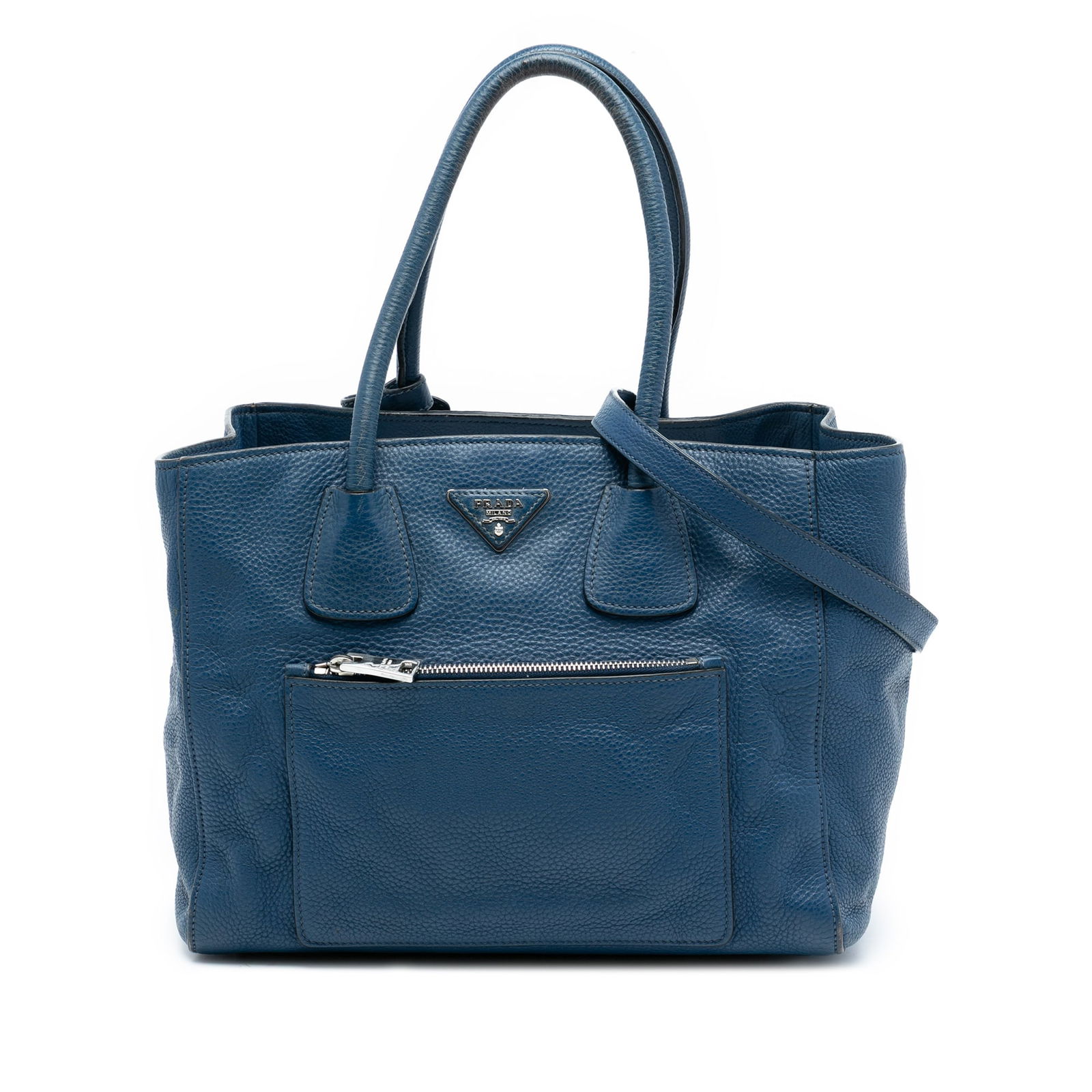 Prada Vitello Daino Blue Leather Convertible Tote with Front Pocket: Prada Vitello Daino Blue Leather Convertible Tote with Front Pocket This Prada Vitello Daino Front Pocket Open Convertible Tote is crafted from blue leather and features rolled handles, a detachable f