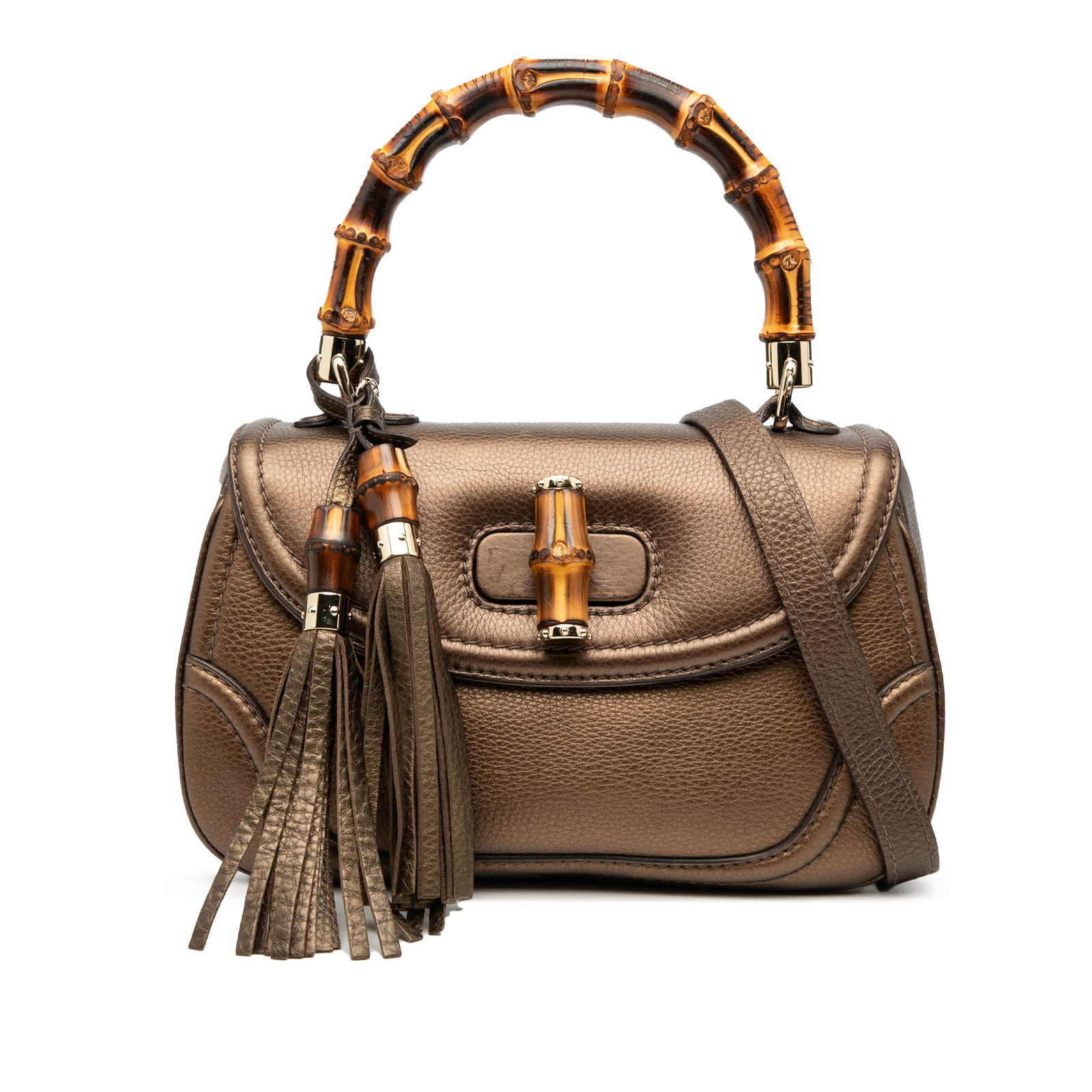 Gucci New Bamboo Medium Brown Leather Satchel Bag with Bamboo Handle: Gucci New Bamboo Medium Brown Leather Satchel Bag with Bamboo Handle This Gucci Medium Leather New Bamboo Satchel features a brown leather body with leather tassels enhanced by bamboo details, a bambo
