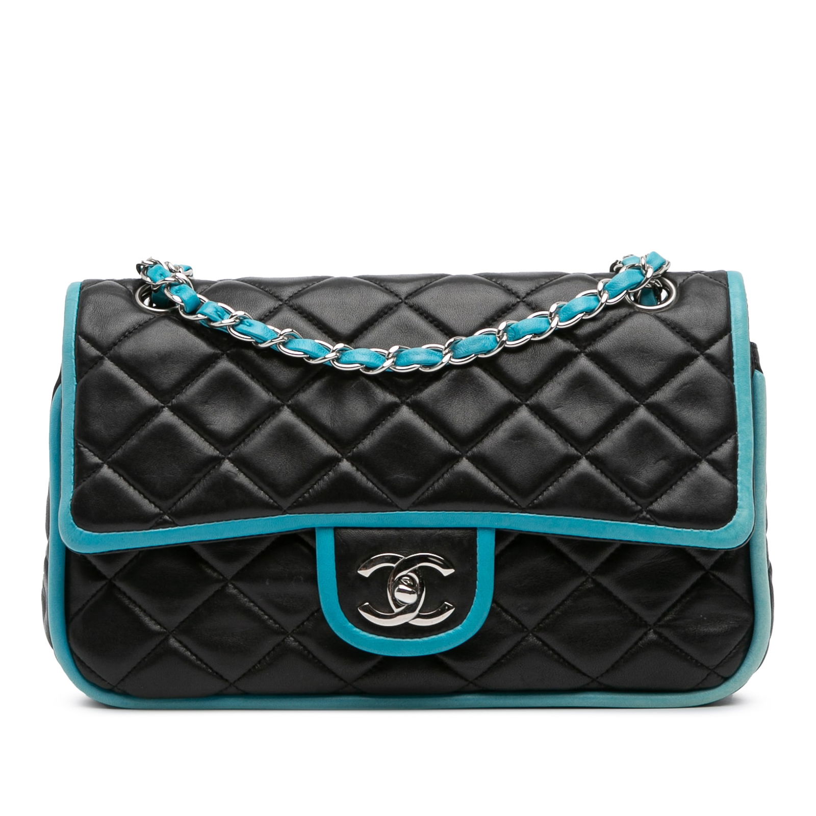 Chanel Medium Classic Bicolor Lambskin Double Flap Shoulder Bag: Chanel Medium Classic Bicolor Lambskin Double Flap Shoulder Bag The Chanel Medium Classic Bicolor Lambskin Double Flap is an elegant shoulder bag crafted from luxurious quilted lambskin leather. This