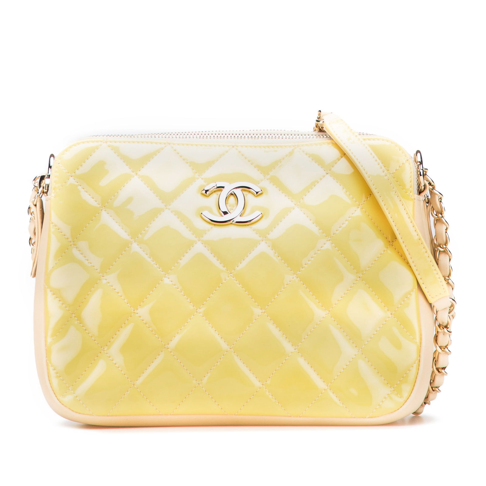 Chanel Yellow Quilted Patent Chain Double Zip Crossbody Bag: Chanel Yellow Quilted Patent Chain Double Zip Crossbody Bag This Chanel Quilted Patent Chain Double Zip Crossbody bag is a stylish accessory crafted from quilted patent leather in a vibrant yellow hue
