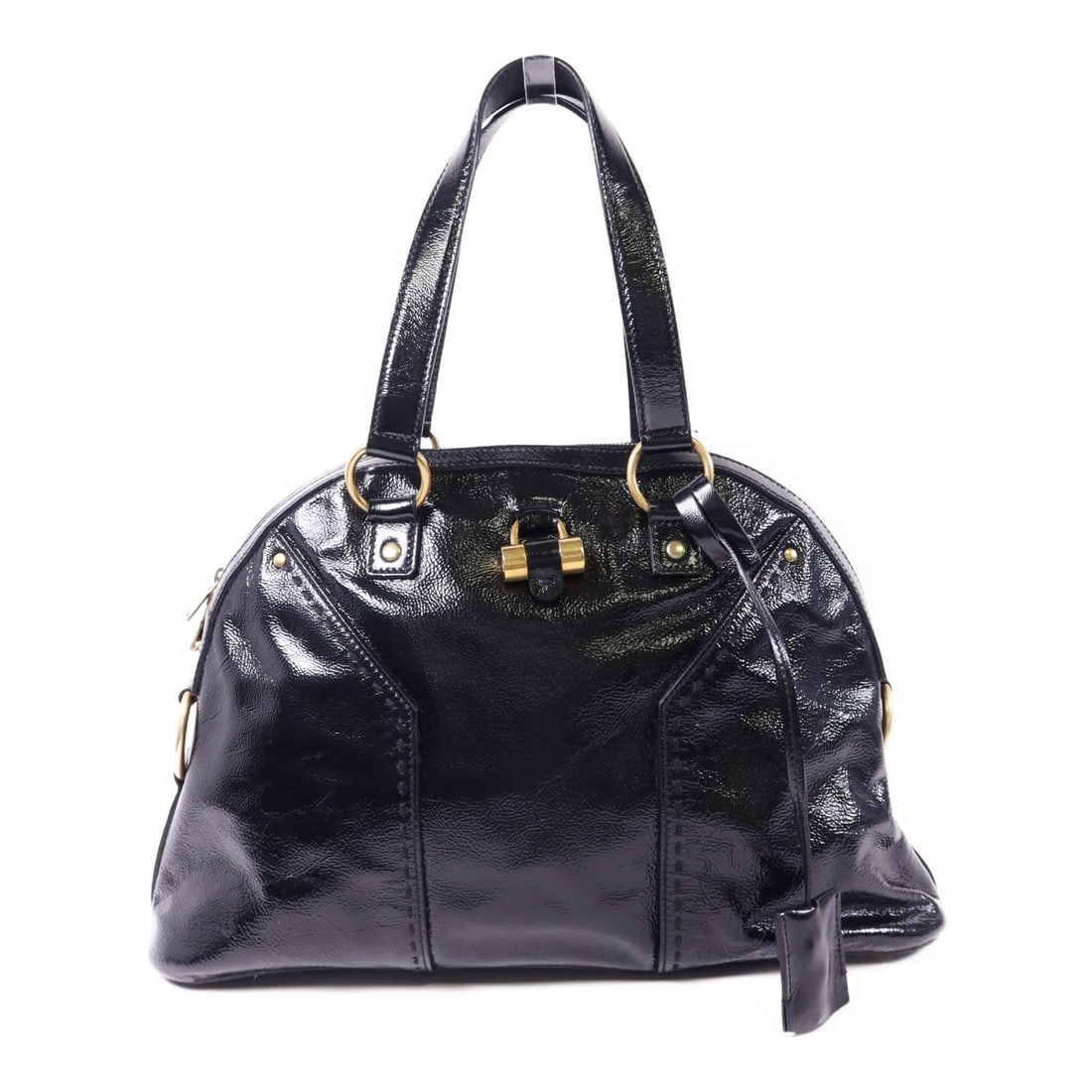 YVES SAINT LAURENT Black Patent Leather Shoulder Bag GHW: YVES SAINT LAURENT Black Patent Leather Shoulder Bag GHW This YVES SAINT LAURENT shoulder bag is crafted from sleek black patent leather, exuding a modern and chic aesthetic. The bag features a spacio