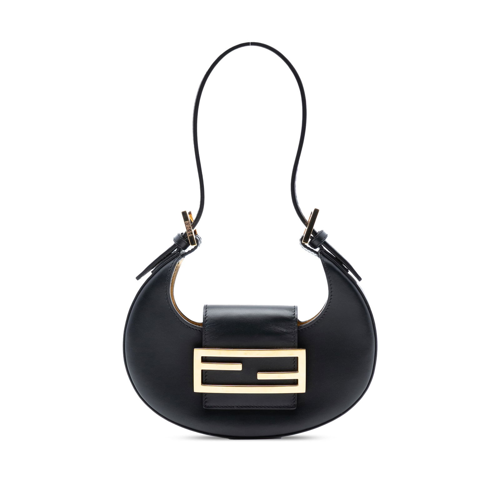 Fendi Black Mini Cookie Leather Hobo Shoulder Bag: Fendi Black Mini Cookie Leather Hobo Shoulder Bag This Fendi Mini Leather Cookie Hobo features a black leather body with an adjustable flat shoulder strap and a top strap secured by a magnetic snap cl