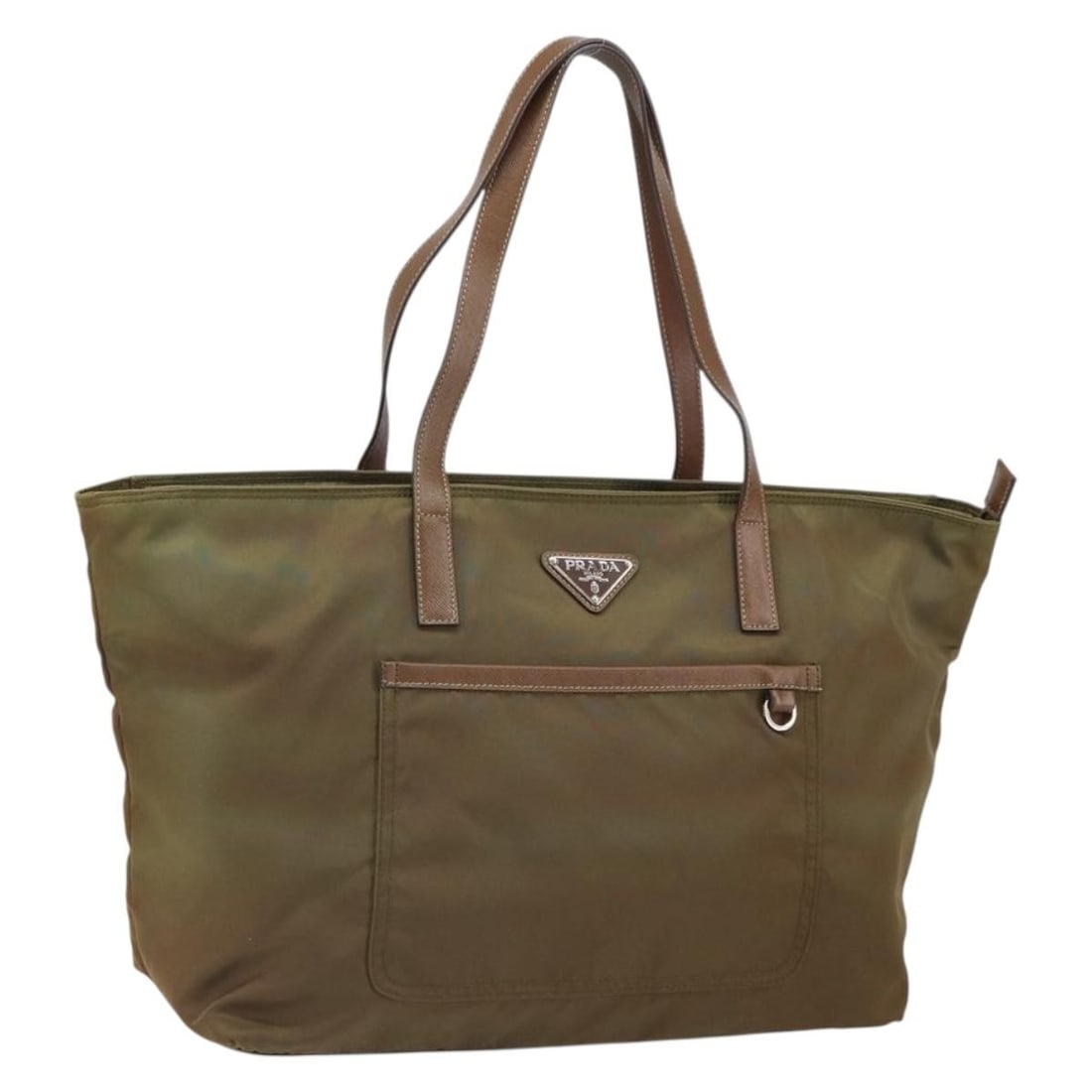 Prada Khaki Nylon Tote Bag with Silver Accents Made in Italy: Prada Khaki Nylon Tote Bag with Silver Accents Made in Italy This PRADA tote bag features a khaki nylon exterior with silver-tone accents. The bag is designed for everyday use and offers ample storage