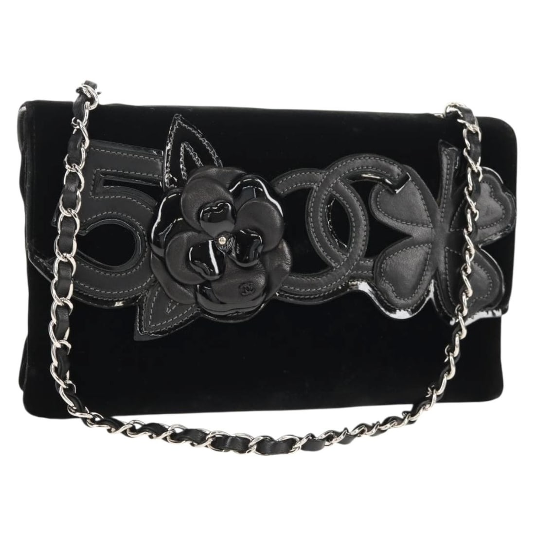 CHANEL Camelia Velor Shoulder Bag Black Silver Authentic: CHANEL Camelia Velor Shoulder Bag Black Silver Authentic This exquisite CHANEL Chain COCO Mark Camelia Shoulder Bag is crafted from luxurious velor in a striking black and silver color combination. Th