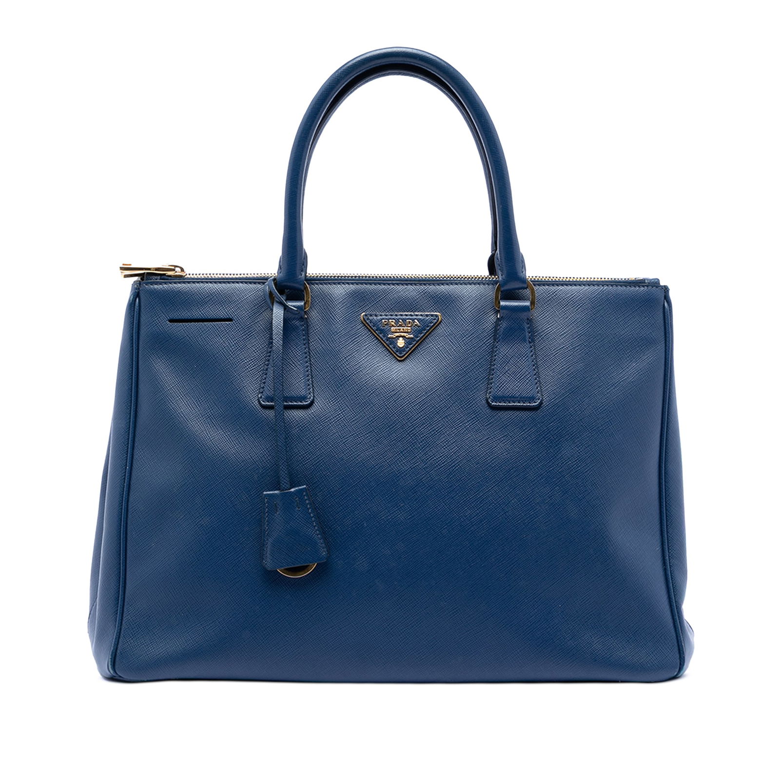 Blue Prada Saffiano Leather Medium Galleria Satchel with Double Zip: Blue Prada Saffiano Leather Medium Galleria Satchel with Double Zip This Prada Medium Saffiano Lux Galleria Double Zip Satchel features a blue saffiano leather body with rolled handles, an open top, d