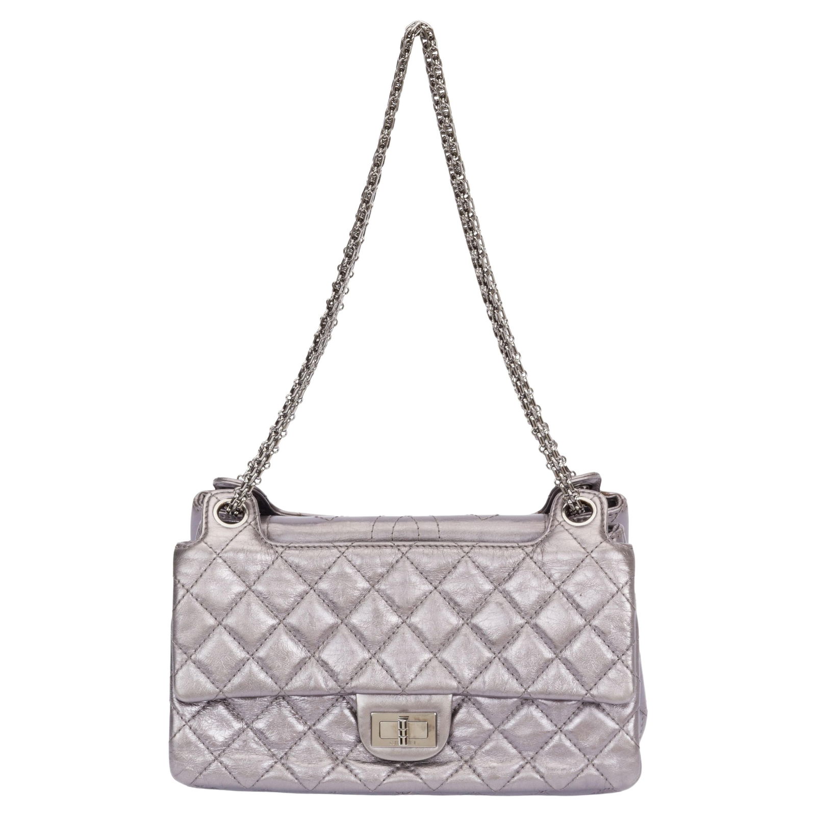 Chanel Reissue Accordion Bag Silver Metallic with Authenticity: Chanel Reissue Accordion Bag Silver Metallic with Authenticity Experience the elegance of the Chanel Reissue Accordion Bag, a stunning shoulder bag crafted from luxurious quilted calfskin leather in a