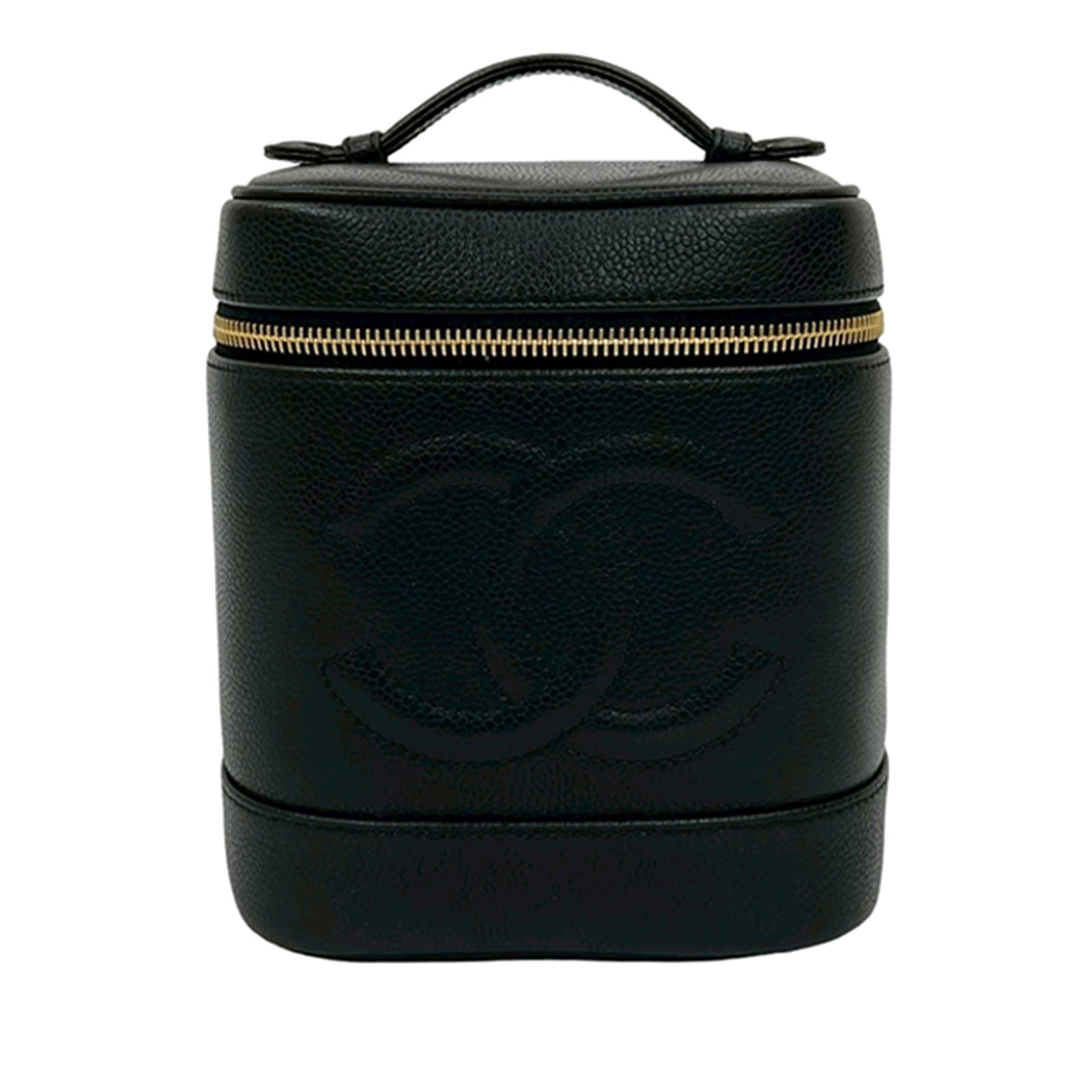 Black Caviar Leather Chanel CC Vanity Bag with Top Handle: Black Caviar Leather Chanel CC Vanity Bag with Top Handle This Chanel CC Caviar Vanity Case features a durable caviar leather body in black, complemented by a flat leather top handle and a zip-around