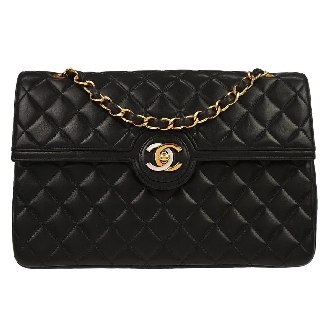 Medium Paris Shoulder Bag in Black Lambskin by Chanel: Medium Paris Shoulder Bag in Black Lambskin by Chanel This Chanel shoulder bag features black lambskin leather and a medium-sized silhouette. It includes a turn lock closure and a shoulder strap, maki