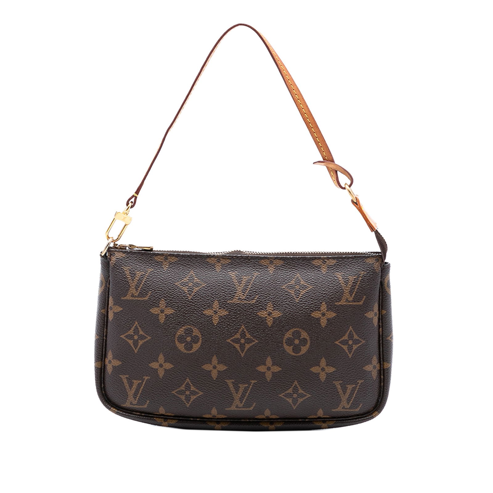 Monogram Canvas Pochette Accessoires Bag with Vachetta Strap by Louis Vuitton: Monogram Canvas Pochette Accessoires Bag with Vachetta Strap by Louis Vuitton The Louis Vuitton Monogram Pochette Accessoires features a signature monogram canvas exterior, a flat vachetta leather str