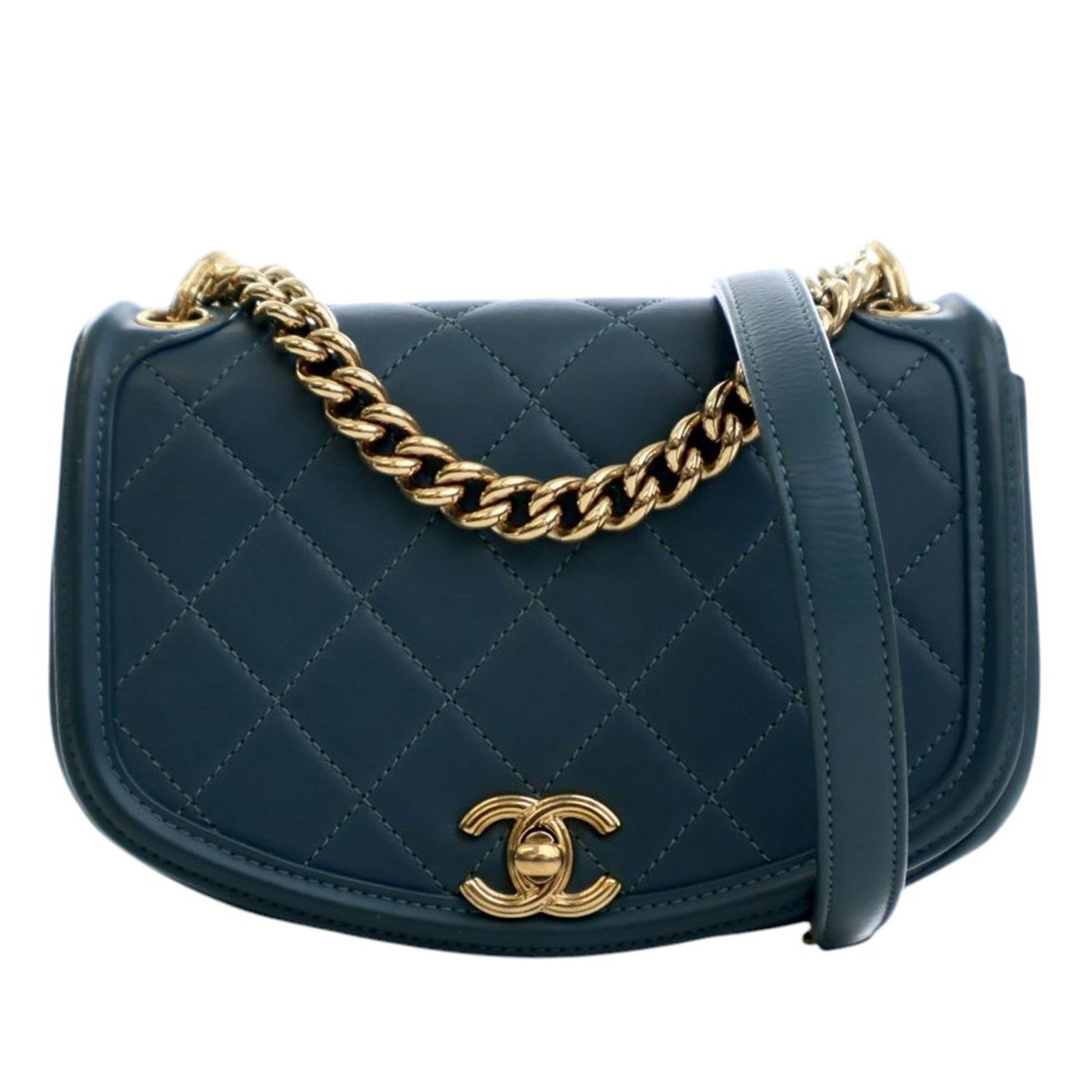 Blue Chanel Mini Calfskin Leather Quilted Crossbody Bag with Flap: Blue Chanel Mini Calfskin Leather Quilted Crossbody Bag with Flap This Chanel Mini Quilted Calfskin Underline Flap crossbody bag features a blue quilted leather exterior, a leather-woven chain link st