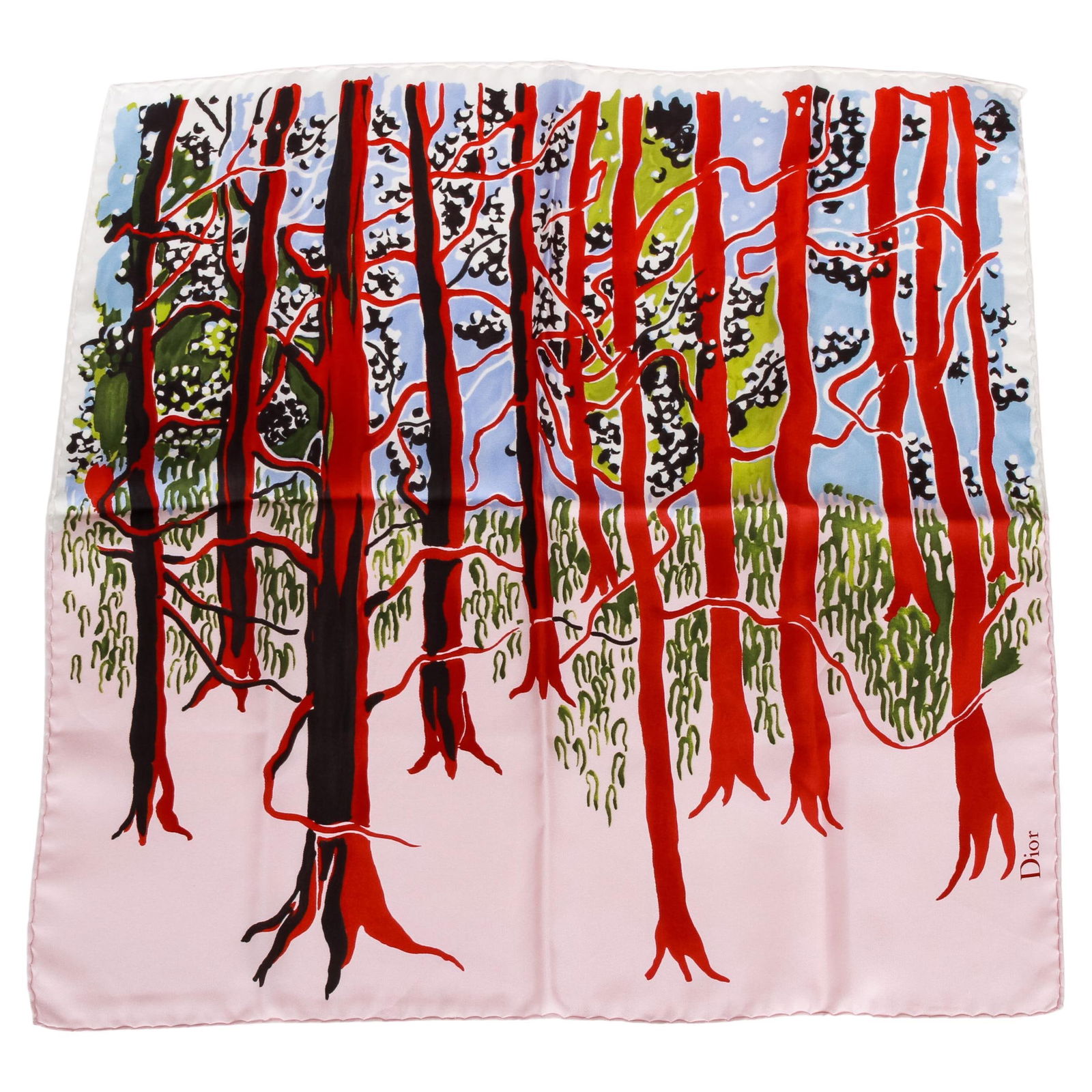 Christian Dior Pink Red Forest Design Silk Scarf 21 x 21: Christian Dior Pink Red Forest Design Silk Scarf 21 x 21 Add a touch of elegance to your wardrobe with this exquisite Christian Dior Forest Design Scarf. This luxurious scarf features a vibrant pink a