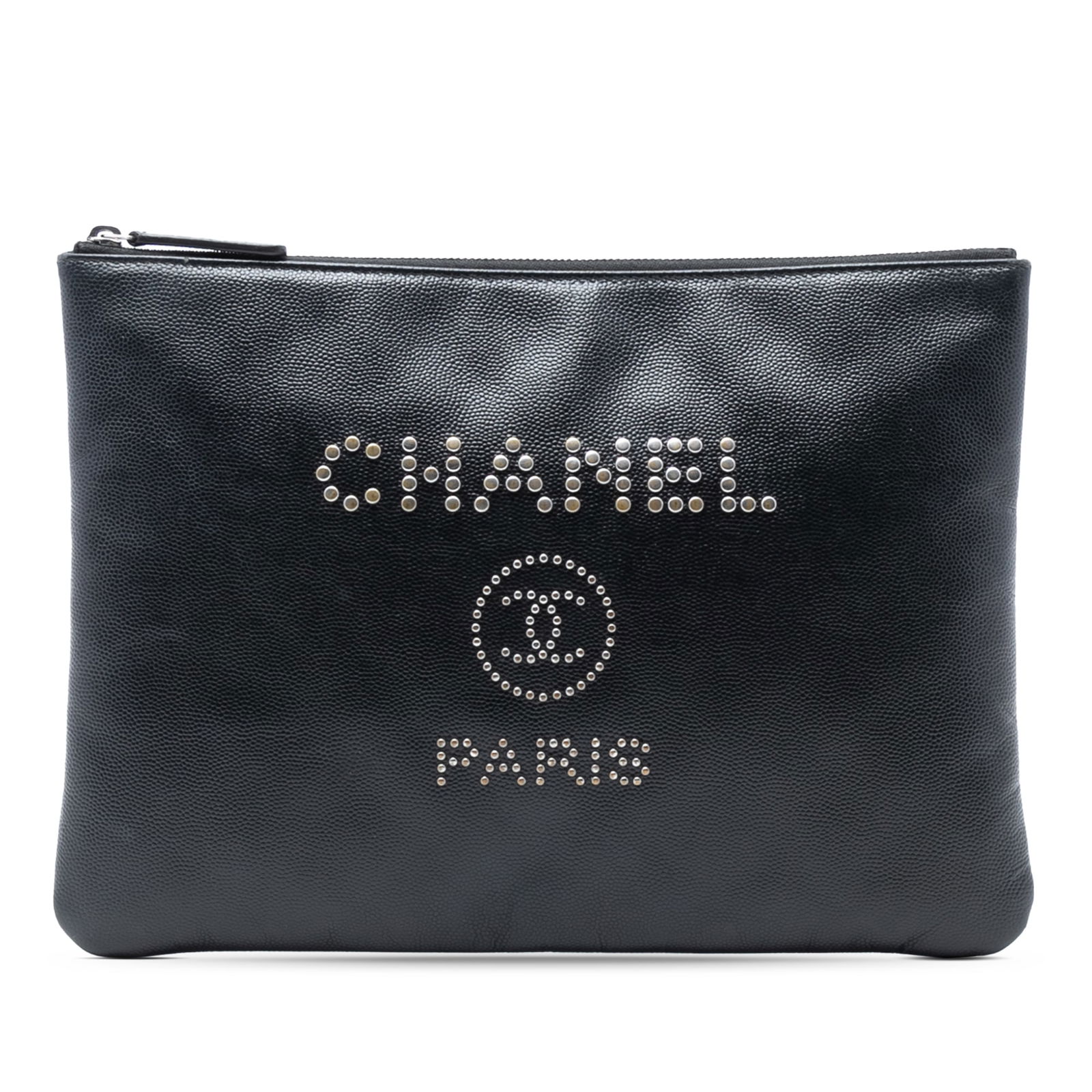Chanel Deauville Medium Studded Black Leather O Case Clutch Bag: Chanel Deauville Medium Studded Black Leather O Case Clutch Bag This Chanel Medium Caviar Deauville Studded O Case Clutch features a black studded leather body with a top zip closure. The clutch is cr