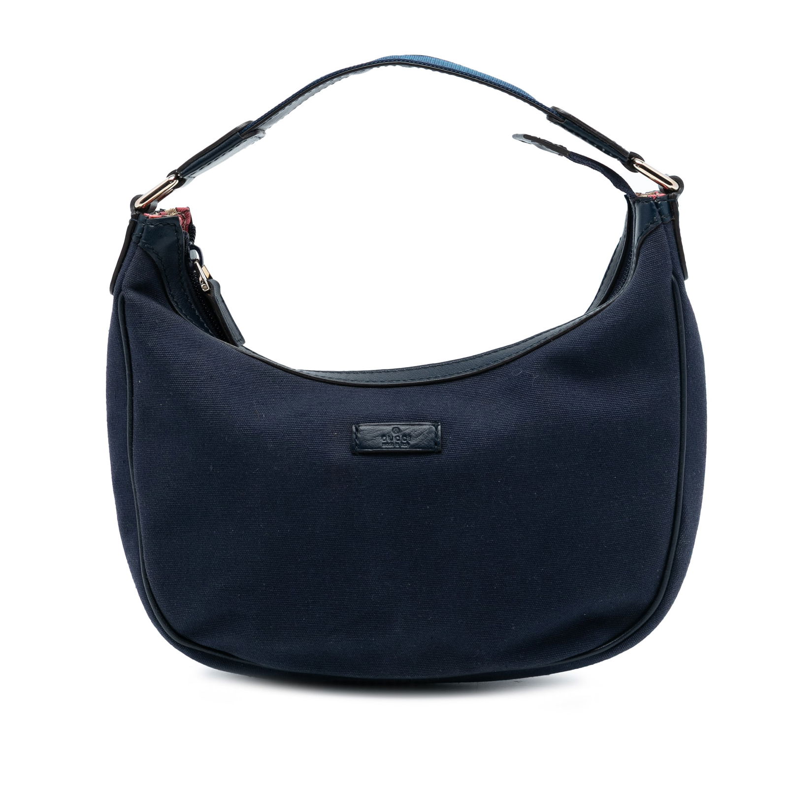 Blue Fabric Medium Pop Tote by Gucci with Leather Trim: Blue Fabric Medium Pop Tote by Gucci with Leather Trim This Gucci Medium Canvas Pop Handbag showcases a blue canvas body with leather trim, a flat canvas handle, a top zip closure, and an interior zip