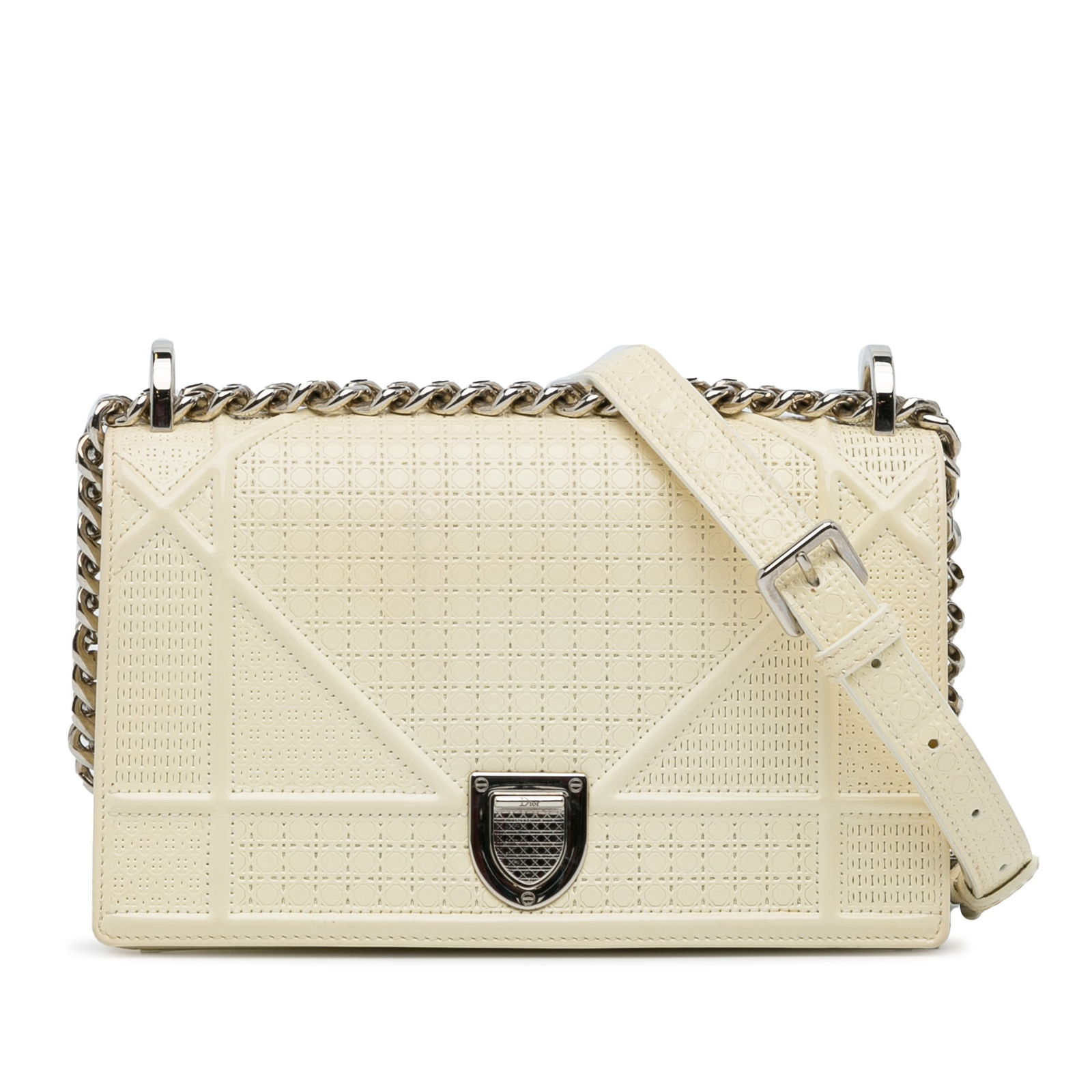 Dior Medium Patent Diorama Wallet on Chain White Leather: Dior Medium Patent Diorama Wallet on Chain White Leather This Medium Patent Diorama wallet on chain by Dior is crafted from luxurious patent leather in a classic white color. It features a stylish sil