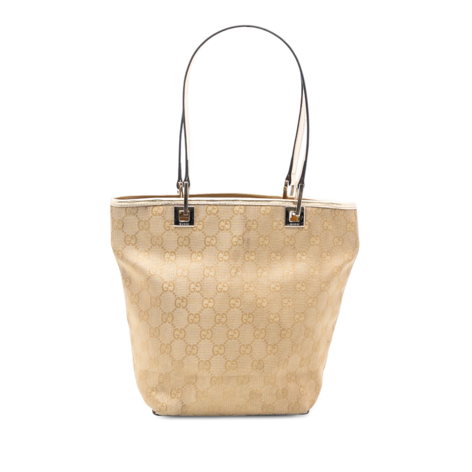 Gold GG Canvas Fabric Tote Bag with Leather Trim by Gucci: Gold GG Canvas Fabric Tote Bag with Leather Trim by Gucci This Gucci GG Canvas Tote features a fabric canvas body with leather trim, flat leather straps, an open top, and an interior zip pocket. The b