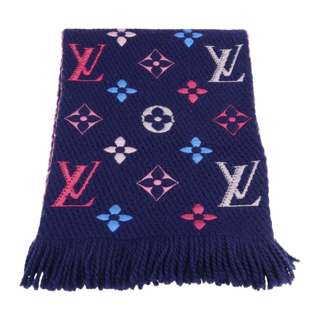 Louis Vuitton Logomania Rainbow Wool Scarf Navy Pink Blue M70899: Louis Vuitton Logomania Rainbow Wool Scarf Navy Pink Blue M70899 This Louis Vuitton Logomania Rainbow scarf features a stylish blend of navy, pink, and blue tones. Crafted from wool, it offers both wa