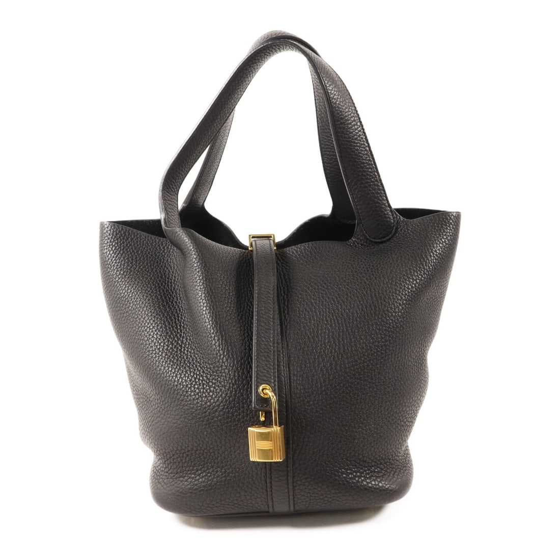 Hermes Picotin MM Black Clemence Leather Tote with Gold Hardware: Hermes Picotin MM Black Clemence Leather Tote with Gold Hardware This Hermes Picotin MM tote bag is crafted from Clemence calfskin leather in a classic black color. The bag features a regular size and