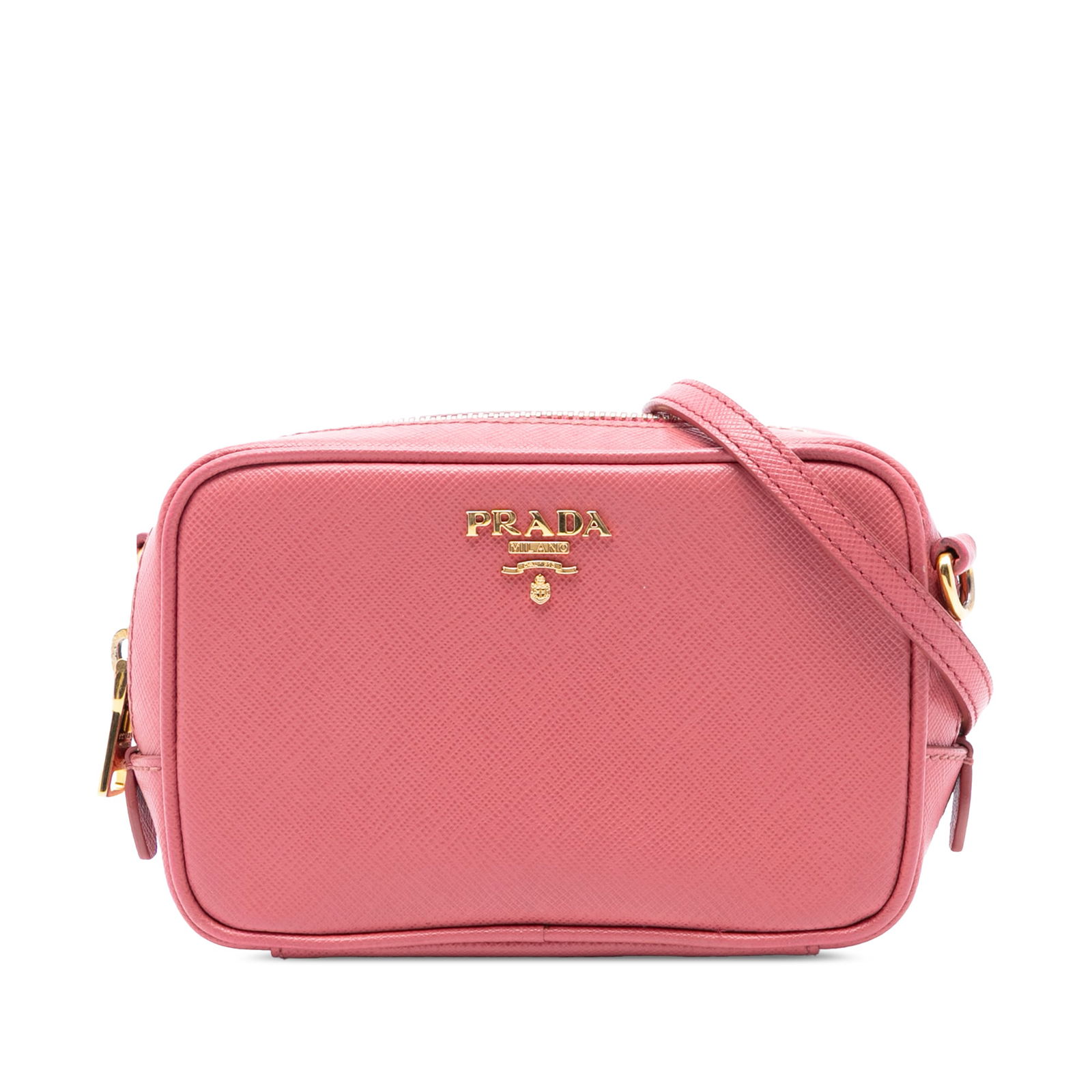 Prada Pink Saffiano Leather Mini Crossbody Camera Bag: Prada Pink Saffiano Leather Mini Crossbody Camera Bag This Prada Mini Saffiano Camera Bag is crafted from pink saffiano leather and designed as a compact crossbody. It features a detachable flat leath